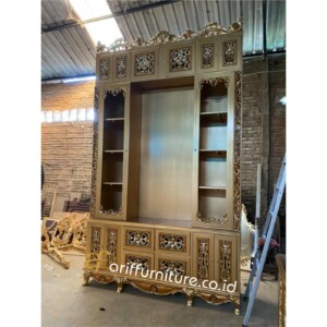 Lemari Tv Kayu Jati Ukir Klasik Gold