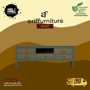 Bufet TV Minimalis Model Laci Kayu Mix Rotan