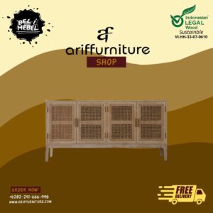 Credenza Bufet TV Modern Retro Kayu Jati Mix Rotan