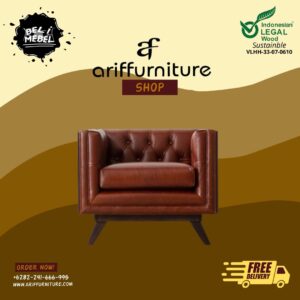 Sofa Tamu Minimalis Jepara Brown Leather Jati Rotan
